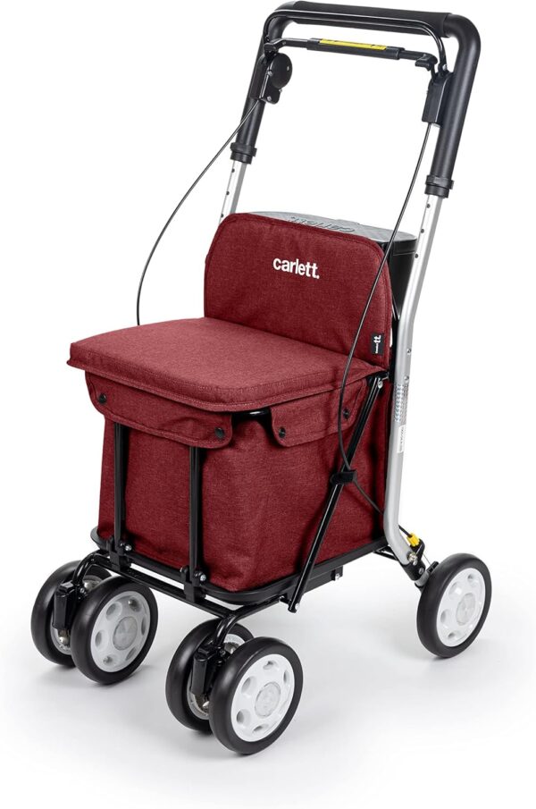 Carlett – Carro de la Compra y Andador con Asiento para Ancianos - Carrito Plegable para Supermercado de 4 Ruedas, con Bolsa Extraíble 29L/15kg – Modelo Comfort, Color Rojo