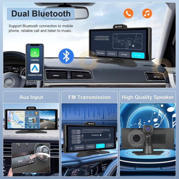 Hodozzy 4K Pantalla Portátil Radio Coche Carplay Android Auto Monitor ADAS Pantalla Táctil IPS 10,26 Pulgadas Bluetooth Dash Cámara Frontal y Trasera Video Grabación en Bucle, Mirror Link FM/AUX/SD - Image 5