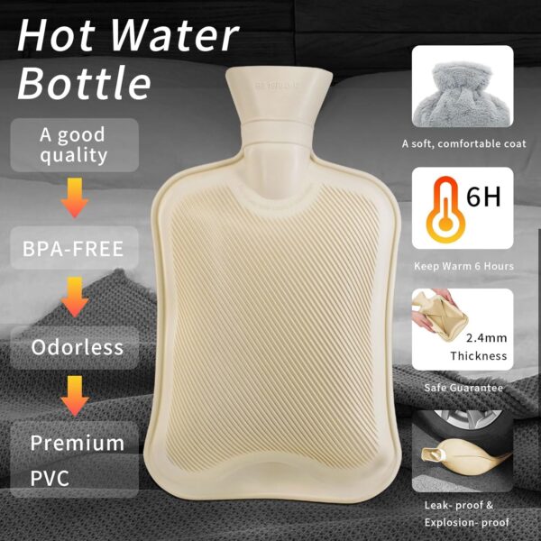 TOHDNC Bolsa de Agua Caliente de 2L, Grande Botella Agua Caliente para Cama con Desmontable y Lavable Suave Funda Botellas Goma Hot Water Bottle para Calentar Manos o Alivio del Dolor (Gris Claro) - Image 2
