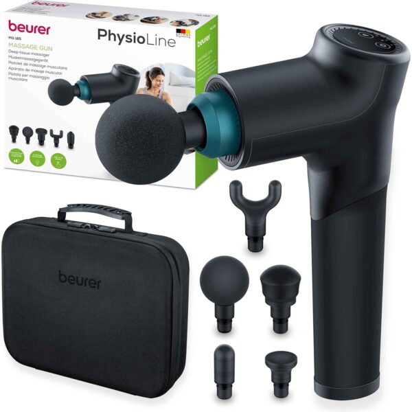 Beurer MG 185 Pistola de masaje, Massage Gun con 5 accesorios, potente masaje de puntos gatillo, relajación de tensiones, masajeador muscular con 9 niveles de intensidad, con batería recargable
