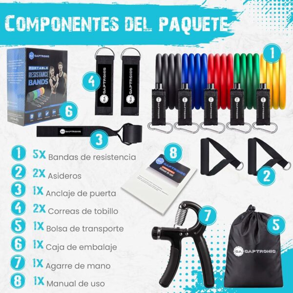 CAPTRONIC Gomas elasticas musculacion | Incluye Ejercitador de Mano y Manual con Fotos | Bandas elasticas musculacion Fabricadas en Látex | Bandas Elásticas Ideal para Deporte y Fitness en Casa, TRX - Image 2