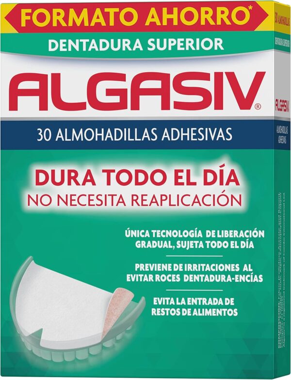 Algasiv Almohadillas Adhesivas para Dentaduras Postizas Superiores, Dura Todo el Día y Protege las Encías, 30 Unidades