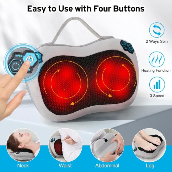 Cojín de Masaje Shiatsu Masajeador de Cuello, Eléctrico Masajeador Espalda y Cervicales con Calefacción Función, 8 Rodillos, 3 Velocidades, Almohada de Cervical Masajeador para Oficina Hogar - Image 2