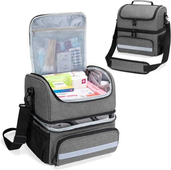 CURMIO Bolsa Médica de Doble Capa, Bolso Primeros Auxilios Domiciliaria, Bolsa de Emergencia para Medicamentos, Vitaminas, Suministros Médicos, Bolsa Botiquin Vacia, Gris