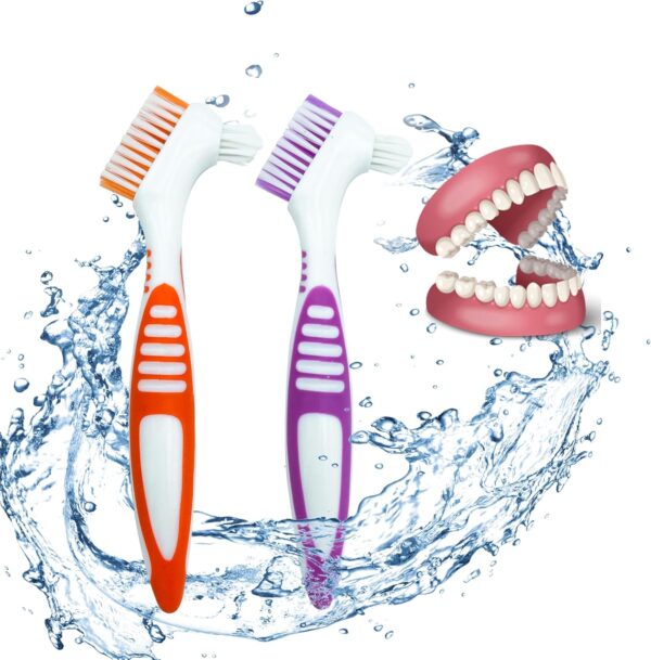 FloraVigo - Juego de 2 cepillos de dientes para dentaduras postizas, mini cepillo de dientes, cabezal de cepillo de doble ángulo, cepillo de limpieza de prótesis ergonómico portátil (Verde+naranja)
