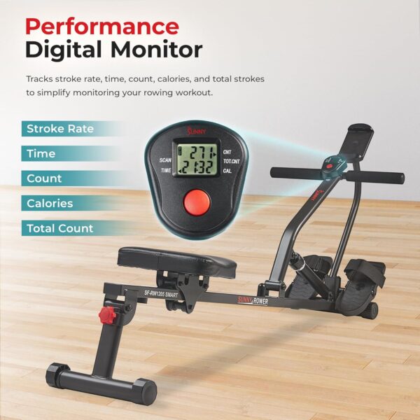 Sunny Health & Fitness Máquina de Remo Inteligente, Remo Ajustable Compacto con 12 Niveles de Resistencia de Entrenamiento Corporal Completo - SF-RW1205SMART - Image 4