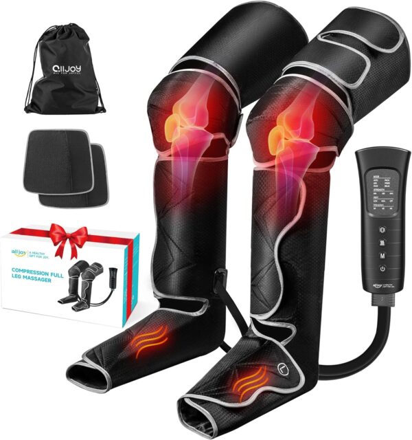 ALLJOY Masaje de Piernas Presoterapia, Compresión de Aire Masajeador de Molletas Pies para Circulación, 6 Modos 4 Intensidades 2 Niveles de Calor para Pies y Rodillas, Regalo Hombre Mujer