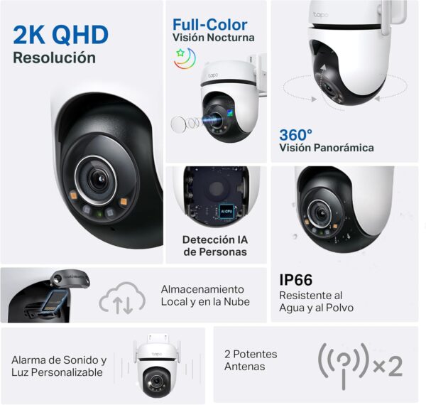 tapo C520WS - Cámara Vigilancia Wi-Fi Exterior 360°, Resolución 2K QHD, Visión Nocturna en Color Starlight, Detección IA Múltiple, Seguimiento de Movimiento, IP66 - Image 2