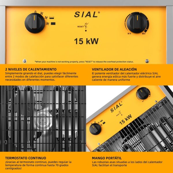 SIAL Calefactor 15000 W - Radiador Electrico - Calentador Industrial - 3 Niveles de Calor - Termostato & Protección Contra Sobrecarga - Ventilador de Calefacción Para Uso Interior y Exterior - Image 5