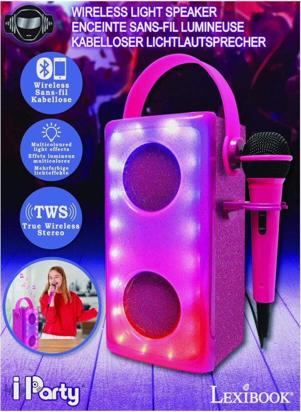 Lexibook, iParty, Altavoz Bluetooth® inalámbrico con luz y micrófono, Efectos de luz Multicolor, Puerto para Tarjeta SD/TF, Batería Recargable, Rosa, BTP185PKZ - Image 5