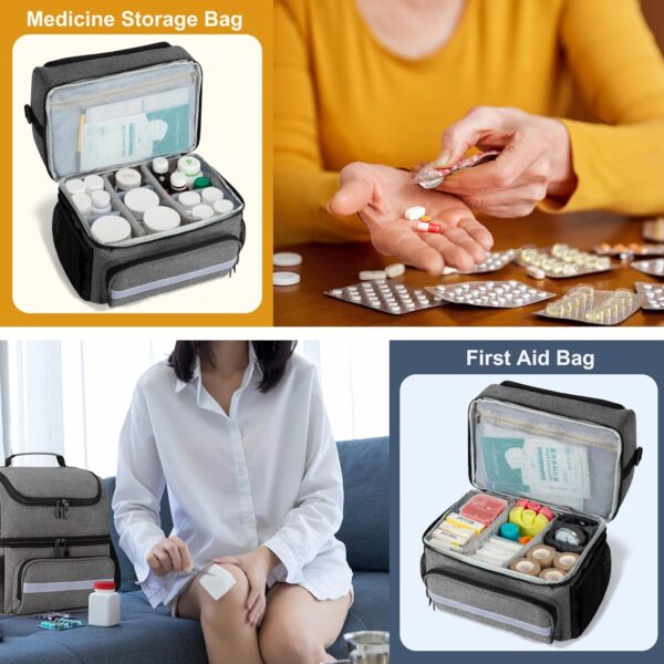 CURMIO Bolsa Médica de Doble Capa, Bolso Primeros Auxilios Domiciliaria, Bolsa de Emergencia para Medicamentos, Vitaminas, Suministros Médicos, Bolsa Botiquin Vacia, Gris - Image 5
