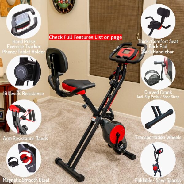 PLENY Bicicleta estática plegable con bandas de resistencia, 16 niveles de resistencia y soporte para teléfono/tableta - Image 5