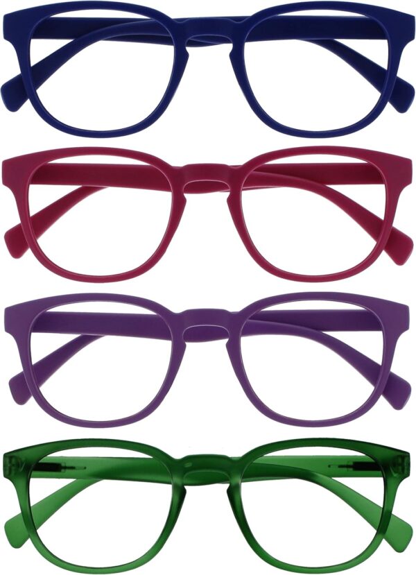 OPULIZE Pop Gafas de Lectura Pack de 4 Redondas Azul, Rosa Fucsia, Violeta y Verde Musgo Mate Satinado Bisagras con Muelle Resistentes a los Arañazos Hombre Mujer RRRR2-3456 +2.00