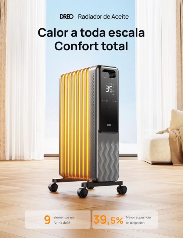 Dreo Radiador de Aceite 2000W, Calentador de Aceite Eléctrico Portátil 9 Elementos Con Mando a Distancia, Temporizador 24h, 3 Ajustes de Calor, 4 Modos, protección contra sobrecalentamiento - Image 2