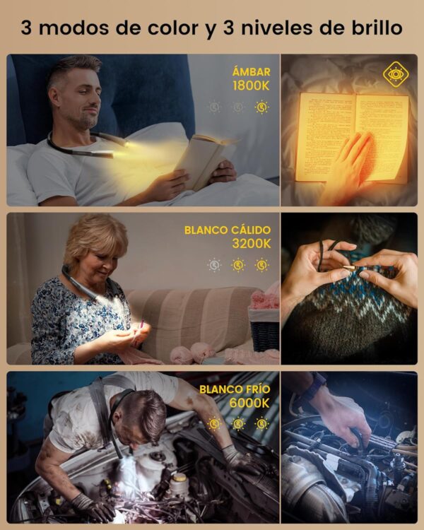 Glocusent LED Luz de Lectura Cuello, Luz para Leer Libros en la Cama,Temporizador de 30 min., 3 Colores & 3 Brillos Ajustables, Recargable & Larga Duraci贸n,Perfecta para Leer,Tejer, Hacer Reparaciones - Image 3