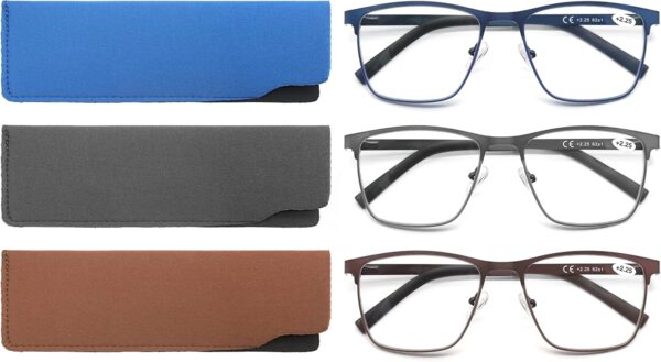 MODFANS Un Pack de 3 Gafas de Lectura Hombres Anti Luz Azul,Rectangular Metal Acero Inoxidable - Lente Clara,Vision Clara - Ligeras Comodas,Colores Gris Marron Azul - Image 2