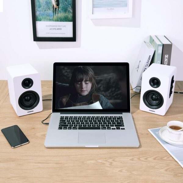 Sanyun SW208 Altavoces de estantería activos Bluetooth 5.0 de 3 "- Unidad de altavoz de fibra de carbono de 60W - DAC integrado de 24bits - Altavoces para juegos de monitor de computadora(par, blanco) - Image 5