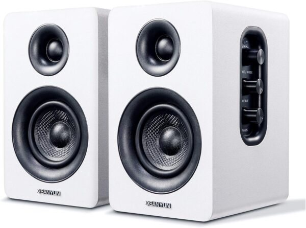 Sanyun SW208 Altavoces de estantería activos Bluetooth 5.0 de 3 "- Unidad de altavoz de fibra de carbono de 60W - DAC integrado de 24bits - Altavoces para juegos de monitor de computadora(par, blanco)