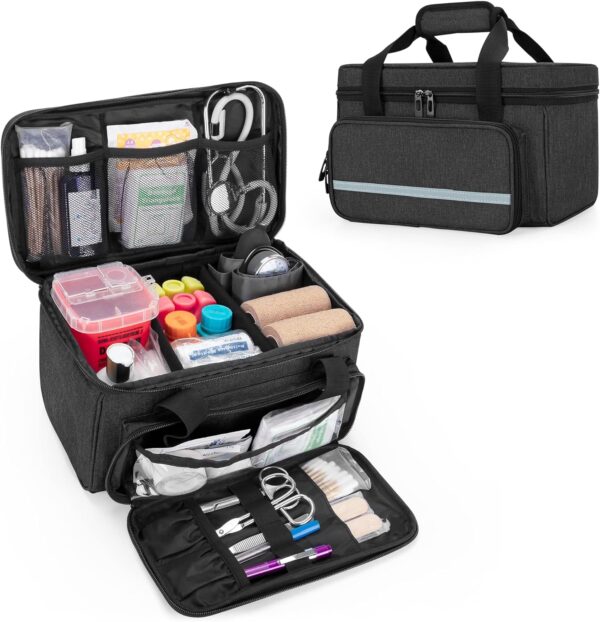 CURMIO Botiquín de Primeros Auxilios Vacia, Bolsa Enfermera Domiciliaria, Maleta de Primeros Auxilios, Bolsa Médica de Emergencia para el Viaje y Hogar, Negro (Patente Pendiente)