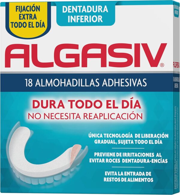 Algasiv Almohadillas Adhesivas para Dentaduras Postizas Inferiores, Dura Todo el Día y Protege las Encías, 18 Unidades