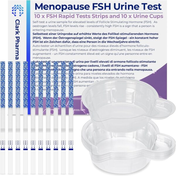Paquete de 10 kits de prueba de menopausia | 10 tiras reactivas y 10 vasos de orina | Mujeres Detección de hormona estimulante del folículo | Autoexamen para la menopausia precoz y la perimenopausia |