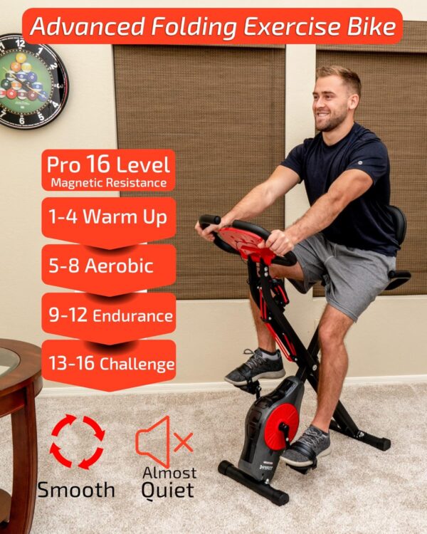 PLENY Bicicleta estática plegable con bandas de resistencia, 16 niveles de resistencia y soporte para teléfono/tableta - Image 2