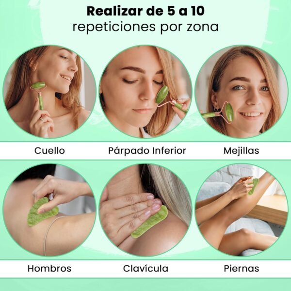 Gua Sha + Rodillo Facial Jade + Guía de Uso – 100% Natural – Masajeador Facial – Antiarrugas – Masajeador Ojos – Rodillo Masaje Relajante y Reafirmante (Set Jade) - Image 6