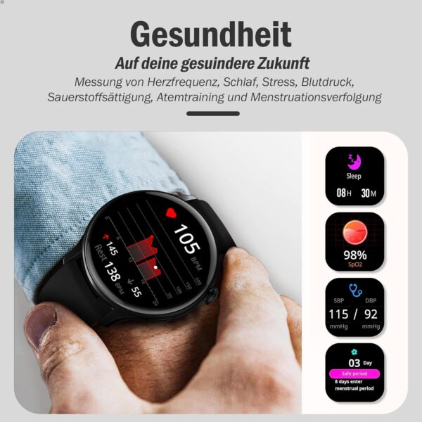 JANOLTY Reloj Inteligente Mujer Hombre con Llamada,1,43 “Pantalla AMOLED, 2 Pulseras de Reloj, Resistente al Agua IP68, Smartwatch Hombre con Presión Arterial, SpO2, Frecuencia Cardíaca,Negro - Image 5