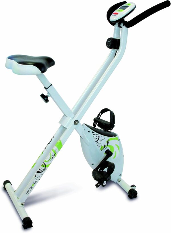 Tecnovita by BH Open&Go YF90 - Bicicleta estática plegable magnética con cómodo sillín, completo monitor LCD, 8 niveles resistencia, ruedas transporte. Bici con pedales antideslizantes.