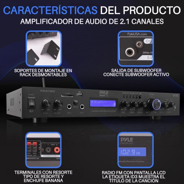 Pyle Amplificador Receptor, Montaje en Rack de 5 Canales, Cine en casa, Transmision inalambrica Bluetooth, Radio MP3/USB/SD/AUX/FM, 200V, Pantalla LCD Digital ID3 - Image 6