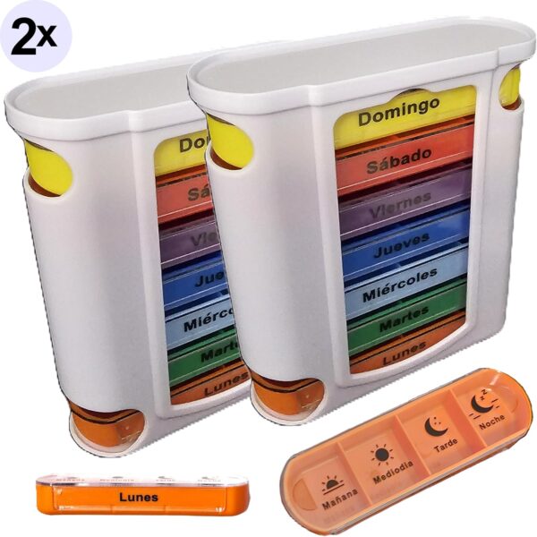 Pack de 2 Pastillero Semanal 4 Tomas Español, Pastillero Diario 7 Dias, Dosificador de Comprimidos con 28 Compartimentos, Organizador de Pastillas para Viaje Tinkipaly (2) - Image 2