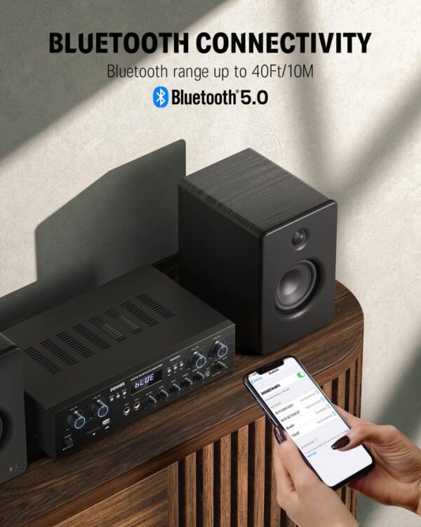 Amplificador Audio Bluetooth 5.0, Donner Amplificador Audio Estéreo 4 Canales, Amplificador HiFi 440W con USB, SD, FM, 2 Mic IN Echo, RCA, LED para Estudio, Hogar, MAMP5 - Image 5