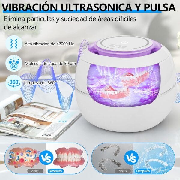 Limpiador Ultrasónico UV, 42000HZ Limpiador Ultrasonidos Dental 180ml para Dentaduras Postizas, Alineadores, Retenedores, Cabezas de Cepillos de Dientes, 30W Limpieza Ultrasónico Eficiente de 360° - Image 2