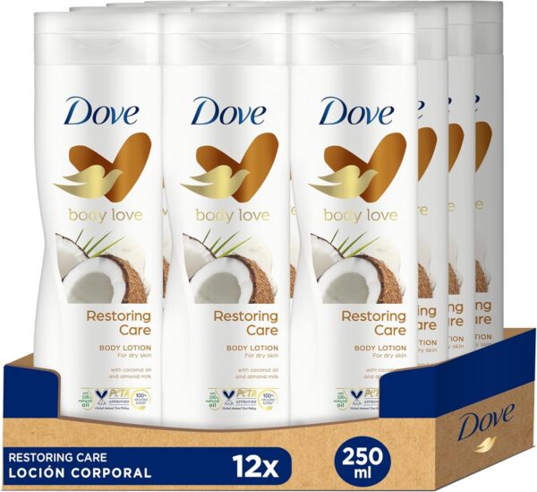 Dove Loción Corporal Cuidado Reparador para todo tipo de piel con Aceite de Coco y Leche de Almendras que hidrata y suaviza la piel seca 250ml, Pack de 12 Unidades
