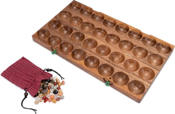 LOGOPLAY 85 Hus - Bao - Kalaha - Juego de alubias - Juego de Conchas - Juego de Piedras Preciosas Hecho de Madera de Samena Que Incluye Piedras Preciosas y Bolsa de Tela - Image 7
