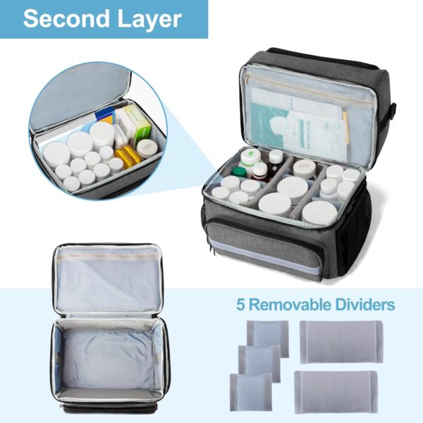 CURMIO Bolsa Médica de Doble Capa, Bolso Primeros Auxilios Domiciliaria, Bolsa de Emergencia para Medicamentos, Vitaminas, Suministros Médicos, Bolsa Botiquin Vacia, Gris - Image 3