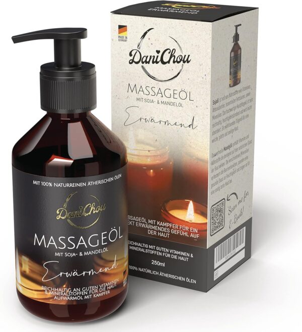 DaniChou® Massage Calentamiento, 250ml con aceite de soja y aceite de almendras, cosmética 100% natural vegano, aceite de masaje con alcanfor para una sensación de calor directo y relajante en la piel