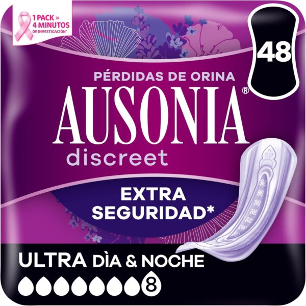 Ausonia Discreet Noche Ultra, 48 Compresas Incontinencia Mujer para Pérdidas de Orina, Extra Seguridad, Discreción Increíble
