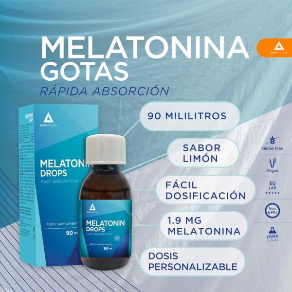 Bodyathlon– 1.9mg Melatonina gotas 90ml– Rápida conciliación del sueño – Melatonina liquida- Efecto rápido y duradero- Sueño profundo y reparador– Duerme bien- Fácil dosificación– Sabor limón– Vegano - Image 4