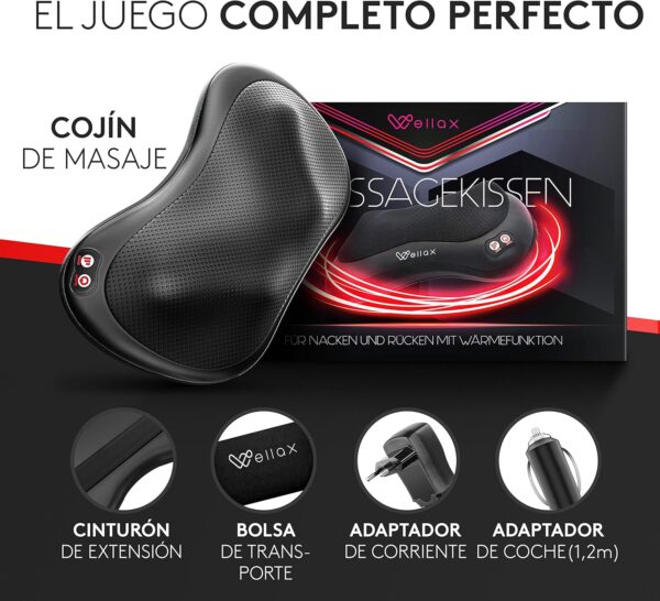 Wellax almohada de masaje relajante con función de calor y rotación de 360°, Shiatsu con 3 velocidades para hombros y espalda, incluye cinturón de extensión, masaje para el cuello Negro - Image 2
