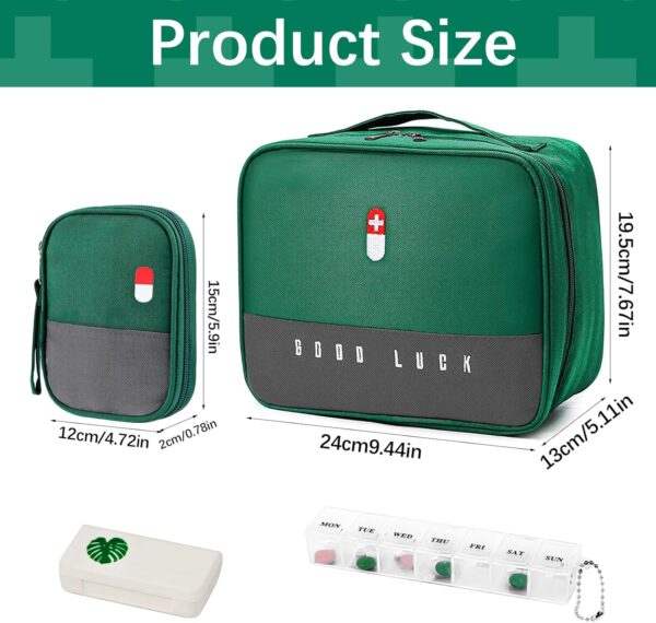WuGU 2PCS Botiquín de Primeros Auxilios, Mini Kit Primeros Auxilios Trae Pastillero con 2 Cajas de Pastillas, Mini Botiquin de Primeros Auxilios Impermeable para Escuela, Viajes, Camping - Verde - Image 2
