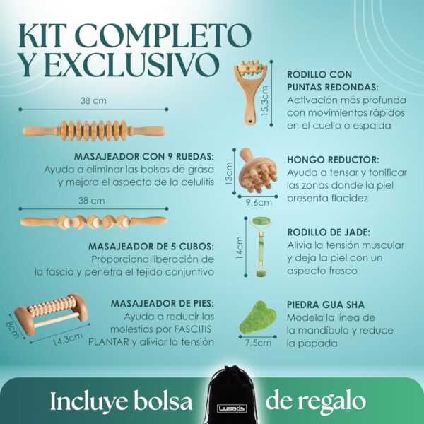 LUSARIS - Kit Maderoterapia Corporal Completo 7 Piezas - Masajeadores Faciales y de Pies Incluidos - Kit Masajes Relajantes - Maderoterapia Abdomen - Maderoterapia Corporal Celulitis - Kit Relajacion - Image 2