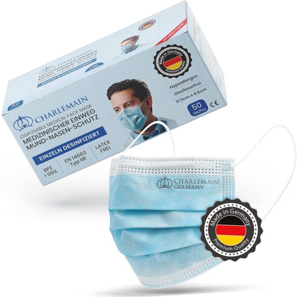 Charlemain 50 Piezas Mascarilla quirúrgica, EN 14683 tipo IIR, protección médica de la boca y la nariz, BFE > 99%, 3 capas, resistente a las salpicaduras, inodoro, sin látex, Azul