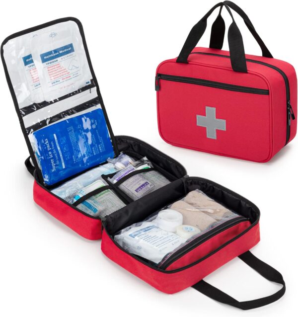 CURMIO Bolsa pequeña de Primeros Auxilios, Bolsa Emergencias de Botiquines de Emergencia para Senderismo, Acampada, Coche, Viajes, Hogar y Exteriores, Rojo, (Sola Bolsa)