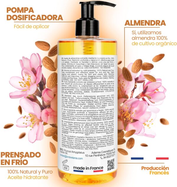 Aceite de Almendras, Prensado en frio, 100% Puro y Natural, Cultivo Ecologico, Aceite Corporal Hidratante, Anti Estrias, Embarazo, Pelo, Bebe, Antiestrias, Reafirmante, Masaje Senos, 2000 ml - Image 2