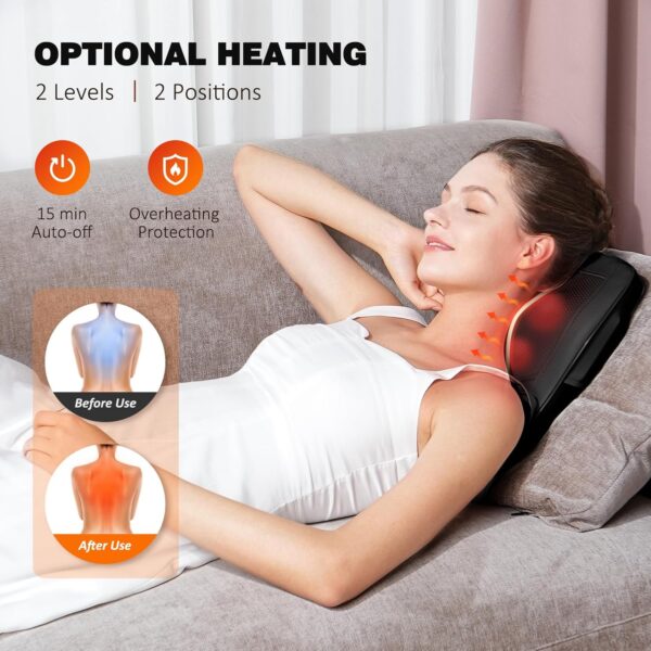 Masajeador Cervical y Espalda con Calor, Shiatsu Cojín de Masaje Eléctrico de Cuello y Hombros Alivio del Dolor, Sin Cable, Bateria Cargada, 3 Intensidades, 2 Niveles de Calor - Image 3