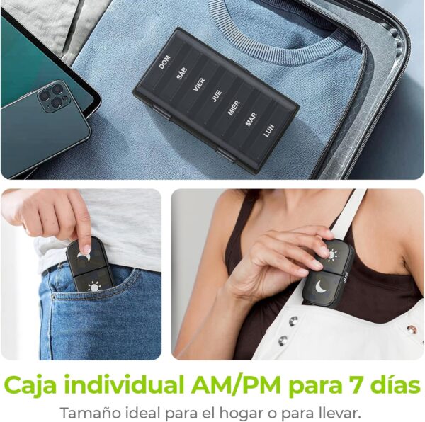 AUVON Pastillero Semanal 2 Tomas Español, Pastillero Diario Grande 7 Dias, Dosificador de Comprimidos con 14 Compartimentos, caja de Organizador para el bolsillo de la mano o del pantalón - Image 6