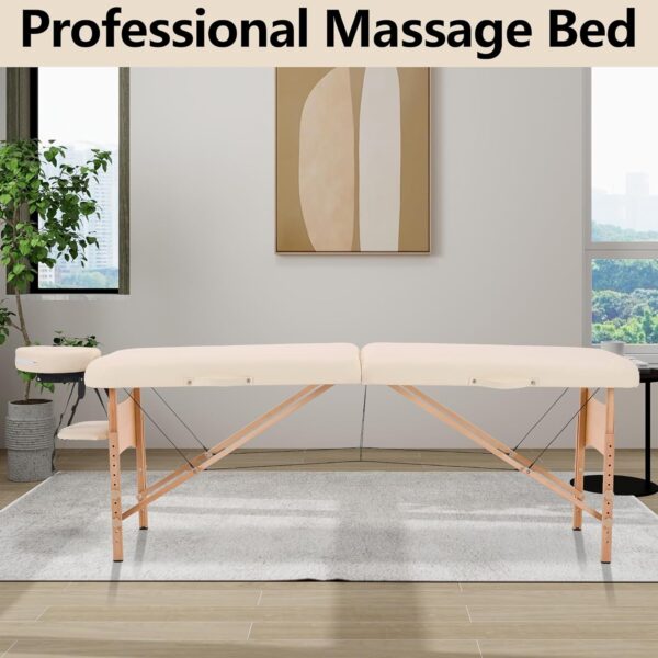 YOUNIKE Camilla de Masaje Plegable de 2 Zonas, Mesa de Masaje Altura Ajustale, Camilla de Terapia Profesional Cama de Tatuaje de Madera Portátil, con Funda de Transporte, 70 cm de Ancho, Crema - Image 7
