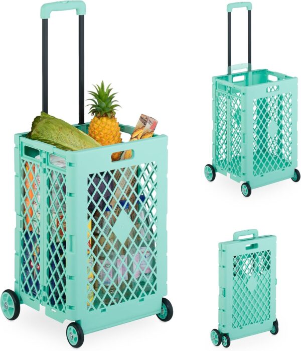Relaxdays Carrito de Compra Plegable, Carro con Ruedas para Comprar, hasta 25 kg, Mango Telescópico, Caja Alta, Turquesa, Hierro, 99 x 43,5 x 38 cm