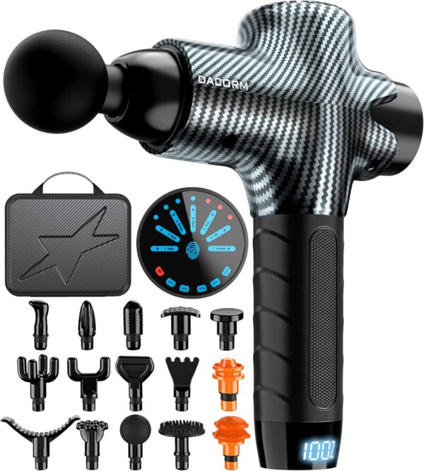 Pistola de masaje, pistola de masaje eléctrica, pistola de masaje muscular con 15 cabezales de masaje, masajeador de manos para cuello y hombros (carbono)